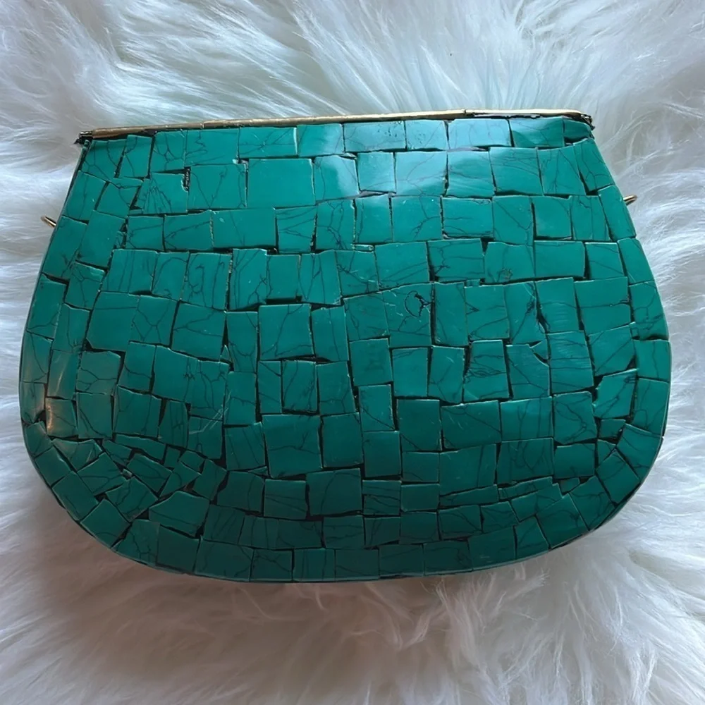 🆕 RAMLA Handmade Moroccan Turquoise Tile Mosaic Clutch Crossbody Bag Gold Chain